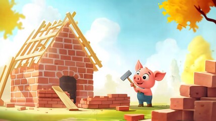 Piglet building a brick house, The Three Little Pigs © Kratist