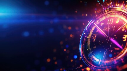 A vibrant close-up of a stopwatch displaying colorful lights, representing time, speed, and urgency in a dynamic environment.
