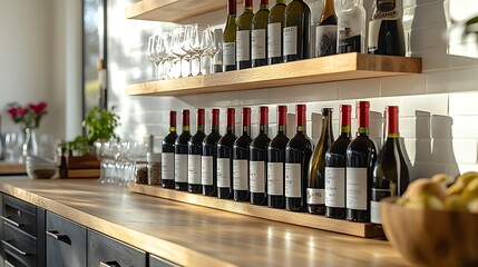 A set of floating wine shelves, clean and simple wood design, neatly holding wine bottles and glasses, placed in a contemporary minimalist kitchen with white walls and soft lighting,