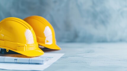 Close-up of two yellow construction helmets resting on architectural blueprints with rolled plans on a light blue background, symbolizing construction planning and safety.
