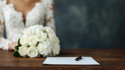 Close-up of a bride in a lace dress holding a white roses bouquet, preparing to sign wedding documents, symbolizing love and commitment.