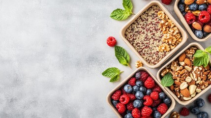 Top view of healthy breakfast boxes filled with quinoa, berries, and nuts, offering copy space for a message.
