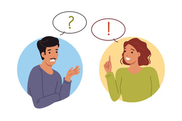 Conversation man and woman discussing important question together to find correct answer and solve problem. Girl with smile advises guy during conversation, wanting to help friend cope with failures