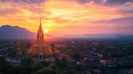 A colorful sunset view over the temple spires at Wat Phra That Nong Bua, with the sky ablaze in orange and pink hues.