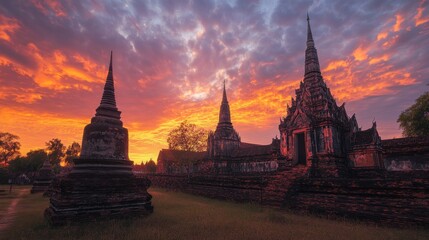 Fototapeta premium A colorful sunset view over the temple spires at Wat Phra That Nong Bua, with the sky ablaze in orange and pink hues.