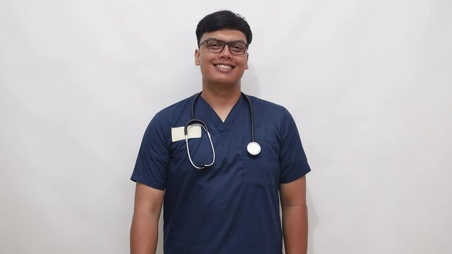 Asian male doctor giving hand for handshake doctor in blue coat looking at camera and extends his hand and greets with the patient isolated on white background