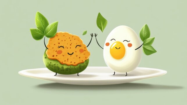 recommend clip art: A fun cartoon of a basil leaf character and a fried egg character high-fiving on a plate, celebrating deliciousness.