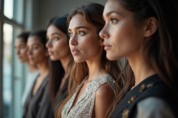 A group of women are standing in a line, all wearing the same dress