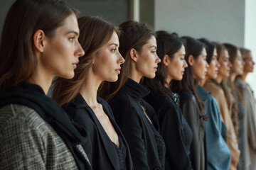 A group of women are standing in a line, all wearing black clothing
