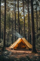 Camping in a tranquil forest with a tent and picnic table during morning light