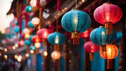 Colorful Lanterns Adorn a Festive Street Market During the Evening Hours in a Lively Cultural Setting