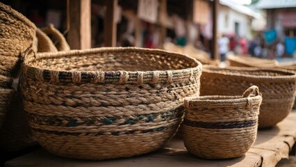 Handmade Woven Baskets Displayed for Sale at a Market in a Rural Village During the Afternoon Sunlight