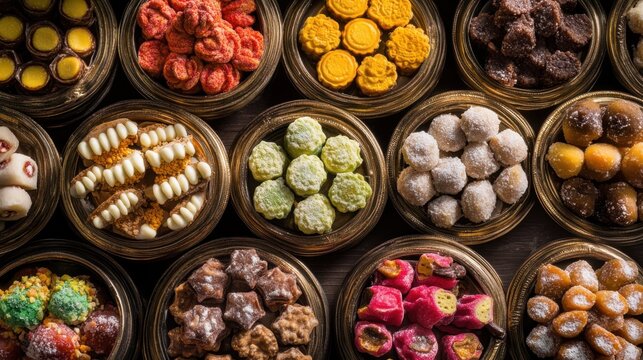 Traditional festival sweets from various cultures, arranged in lavish containers, creating a festive, luxurious display.