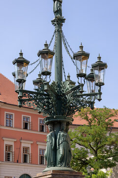 Decorative green street lamp (kandelabr), located on Hradcany Square (Hradcanske namesti), Prague, Czech Republic