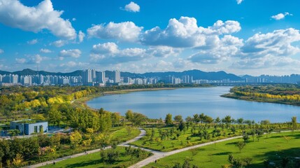 Fototapeta premium A panoramic view of the scenic Han River Park, popular for cycling and outdoor activities.