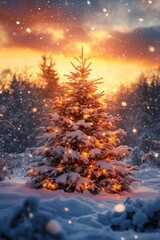 Naklejka premium Brightly lit Christmas tree surrounded by snow at sunset in a winter forest