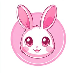 Fototapeta premium Cute cartoon bunny face with big pink ears and bright eyes set against a pastel pink circle. Perfect for children's designs.