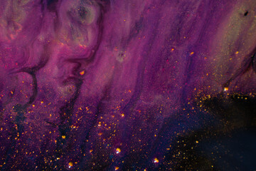 The landscape depicts a dark sky with a purple and magenta galaxy of stars, resembling a painting. The water reflects the violet hues, surrounded by a grassy pattern