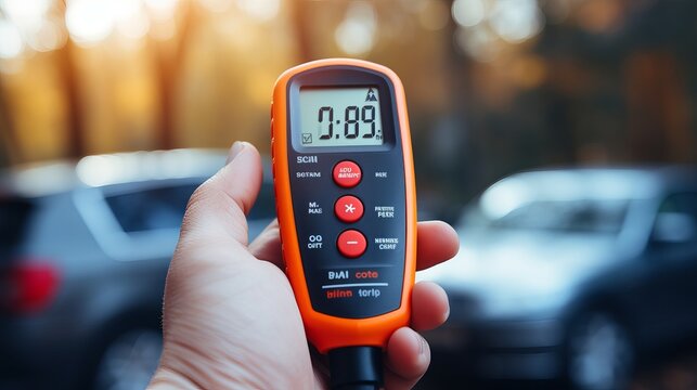 Hand holding a digital surface measurement device outdoors in a parking area during sunset