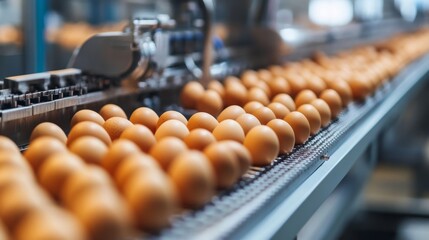 Automated packaging line of chicken eggs in a factory, emphasizing efficiency in production