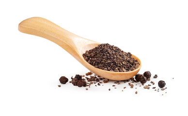 Coarse black pepper in a wooden spoon on a white background. A fragrant seasoning popular in dishes in the kitchen.