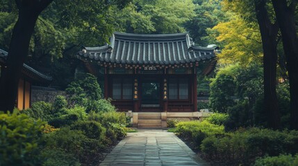 Fototapeta premium A peaceful moment at the tranquil Bongeunsa Temple in Seoul, surrounded by lush gardens and traditional architecture.