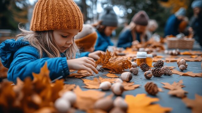 Children creatively crafting with pine cones and leaves at an outdoor fall gathering