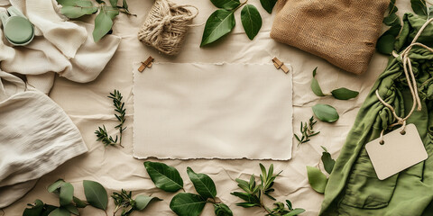 A flat lay of eco-friendly materials like fabric, string, and leaves, surrounding a blank piece of paper. The composition highlights natural, sustainable products and packaging.