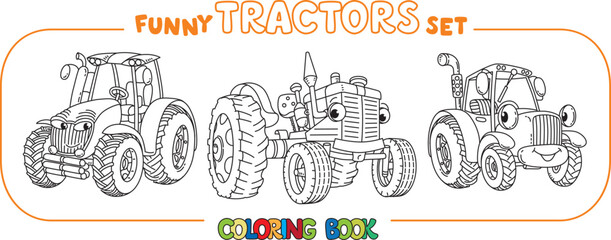 Funny vector tractors with eyes. Coloring book set