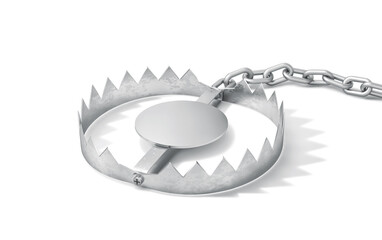 Open metal trap with chain isolated on white. Clipping path included