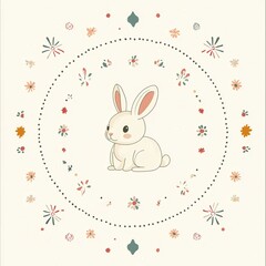 Obraz premium Cute cartoon rabbit surrounded by colorful flowers in a whimsical circular pattern, perfect for spring-themed designs.