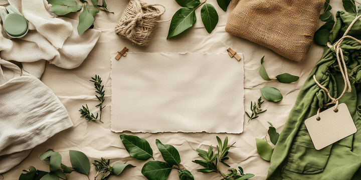 A flat lay of eco-friendly materials like fabric, string, and leaves, surrounding a blank piece of paper. The composition highlights natural, sustainable products and packaging.