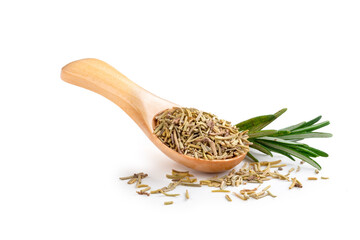 Dried rosemary in a wooden spoon isolated on a white background. Cooking seasoning, studio shot