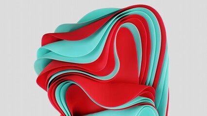 Obraz premium Captivating 3D abstract image featuring layers of red and blue-green fabric swirling together in a smooth, liquid-like motion. Set against a clean white background, this design embodies flow and