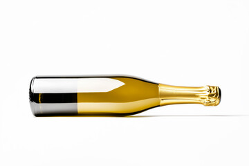 Champagne bottle with golden foil on white background. Concept of celebration and sophistication