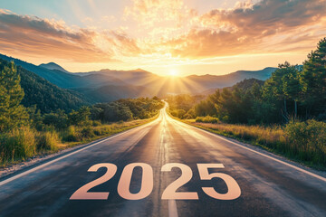 2025 New Year concept. Road trip, travel and future vision. Nature landscape with highway road leading forward to happy new year celebration for fresh and successful start