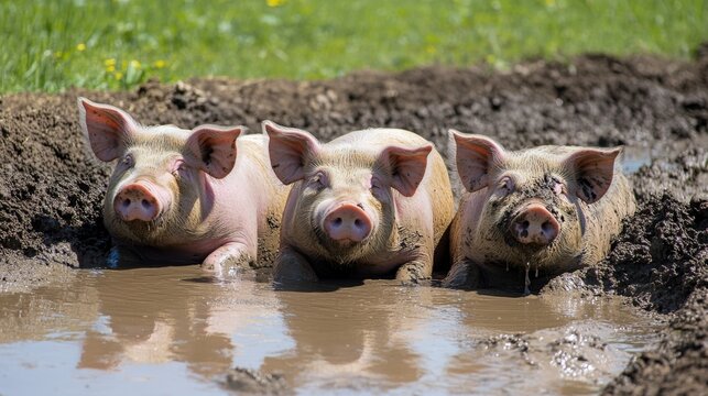 Breeding stock pigs cooling off in a mud puddle, enjoying a refreshing break on the farm