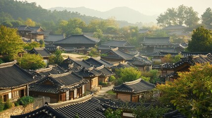 Obraz premium A scenic shot of the historical Yangdong Folk Village, showcasing traditional Korean architecture and rural life.