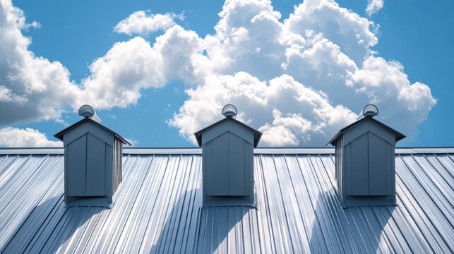 Grey Roof Vents on a House with Blue Sky and Puffy Clouds
