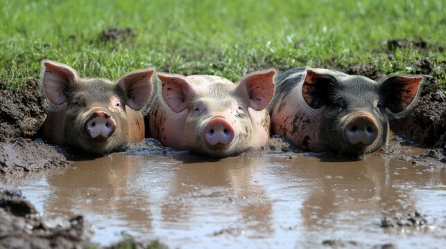 Breeding stock pigs cooling off in a mud puddle, enjoying a refreshing break on the farm