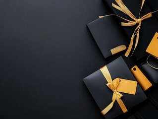 Elegant black gift boxes tied with yellow ribbons, perfect for celebrations and special occasions, set against a minimalist backdrop.