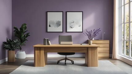Mock up frame in an uncluttered executive office with natural wooden desk and pale lavender walls, no decorative items, 3D render 