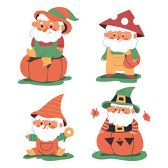 Autumn gnomes vector garden decor cartoon set isolated on a white background.