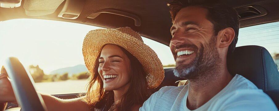 Smiling man and woman in their thirties enjoying a road trip together on a sunny day in their car.