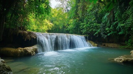 Naklejka premium A serene waterfall in the Mae Sa Valley, surrounded by lush greenery and offering a refreshing escape.