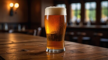 Chilled Glass of Amber Beer on a Wooden Table in a Cozy, Inviting Pub Environment.