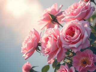 Fototapeta premium Blooming Pink Roses in Soft Sunlight, Floral background