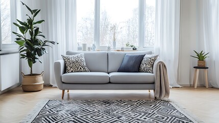 A light gray Scandinavian sofa adorned with woolen throws and patterned pillows, placed near large airy windows.