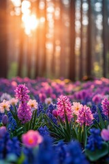 Obraz premium Colorful spring flowers blooming in a forest during sunset