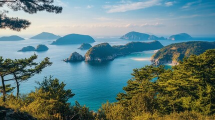 Fototapeta premium A tranquil moment at the scenic Hallyeohaesang National Park, with its beautiful islands and coastlines.